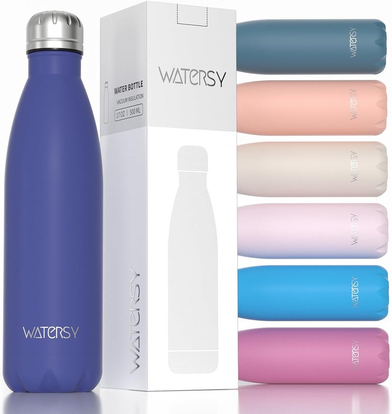 WATERSY Stainless Steel water bottles,17oz/500ml Insulated Water Bottles,Deep Blue metal water bottle Keeps Drink Cold and Hot,BPA Free kids water bottles for School,Gym,Travel,Sports - Image 1